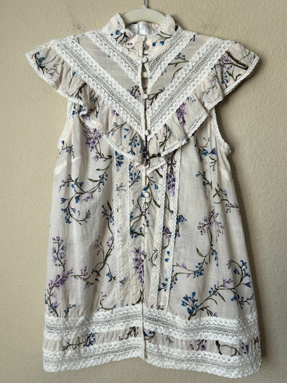 Zimmermann Lace Crochet Ruffle Trim Paradiso Sleeveless Floral Print Boho Blouse